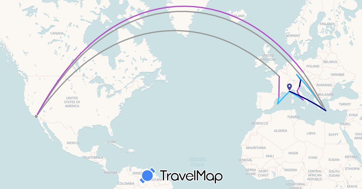 TravelMap itinerary: driving, plane, train, boat in Austria, Czech Republic, Germany, Spain, France, Greece, Italy, Monaco, United States (Europe, North America)